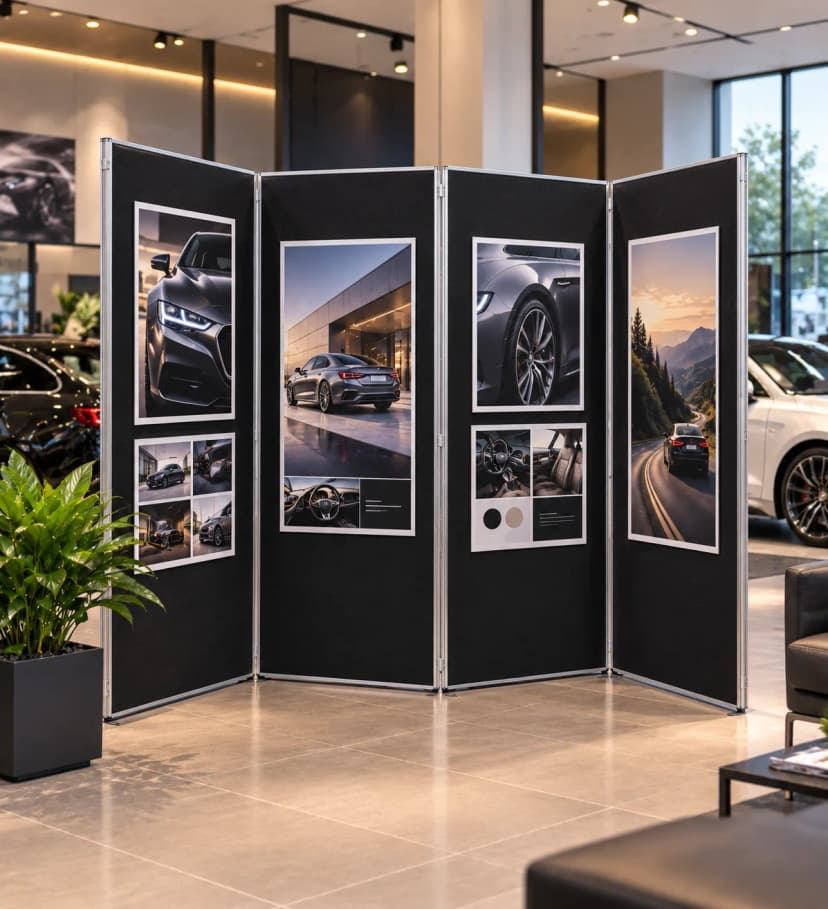 Black 4 panel large folding display board in a car showroom, showing full-length car posters